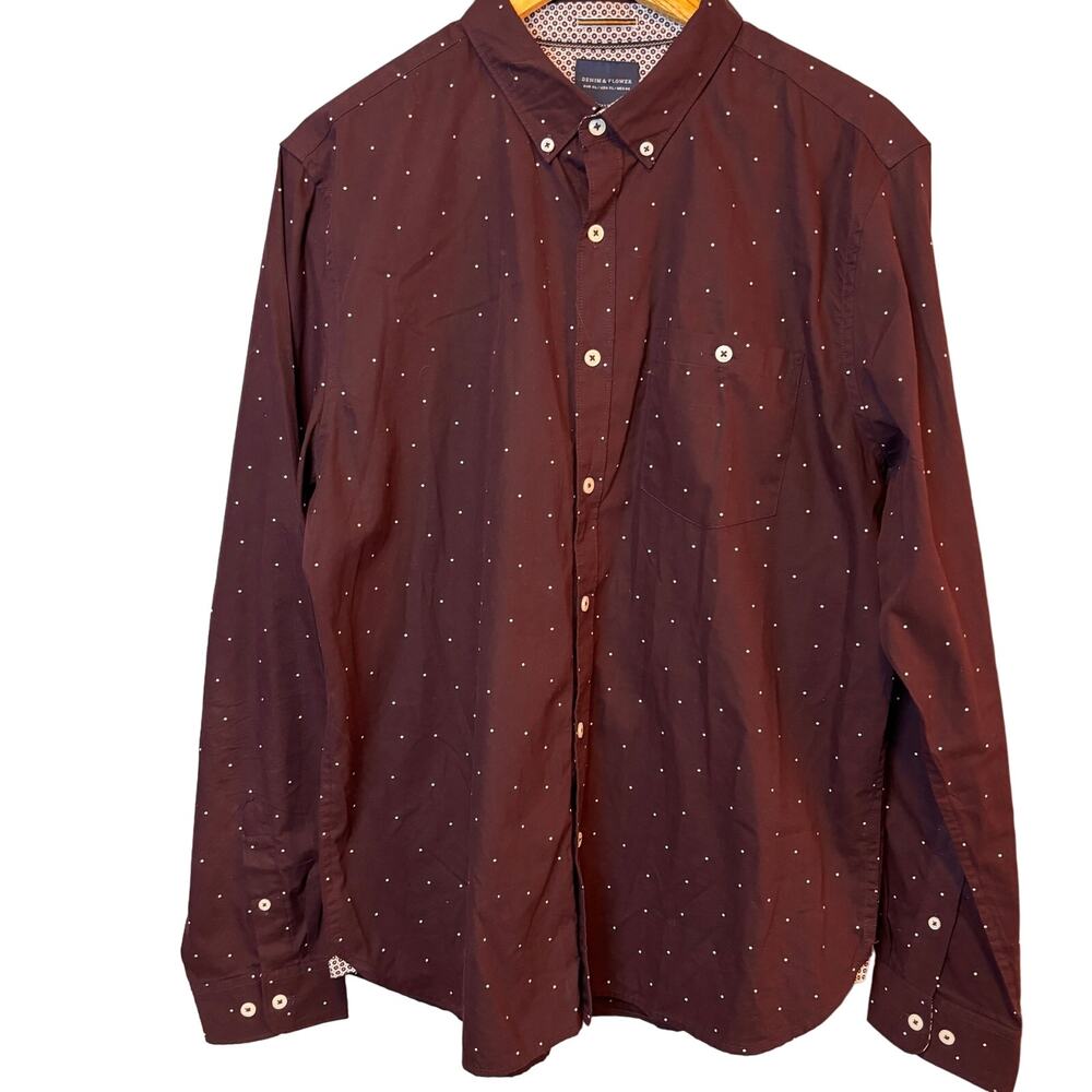 Denim & Flower Mens Dress Shirt Button Up Slim Fit XL Burgundy Long Sleeve